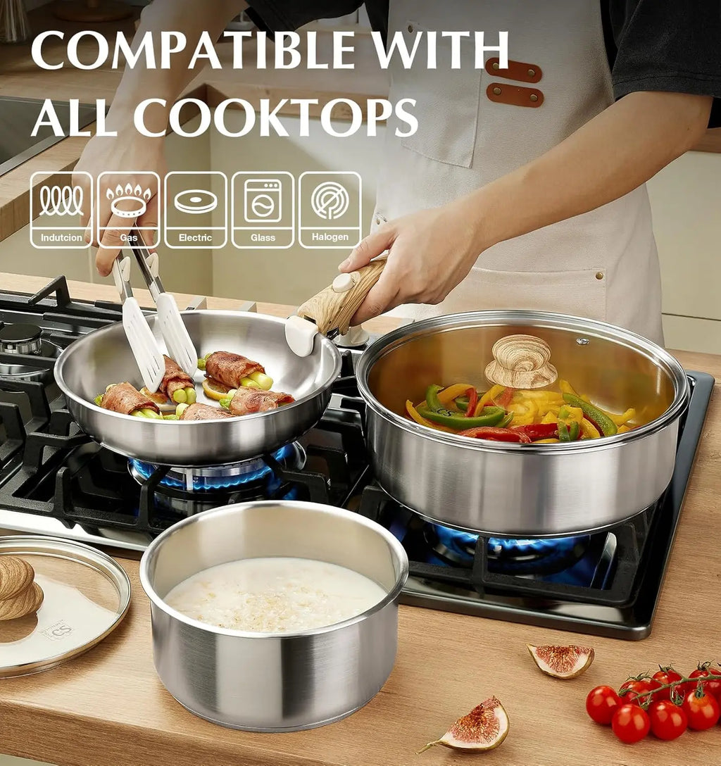 Stainless Steel Cookware Set, 18/10 Stainless Steel Pots and Pans Set 11PCS, Detachable Handle Pots and Pans for Easy Storage