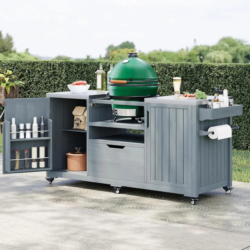 Outdoor Kitchen Island for Big Green Egg Grills, with Solid Wood Outdoor Grill Table and Stainless Steel Top