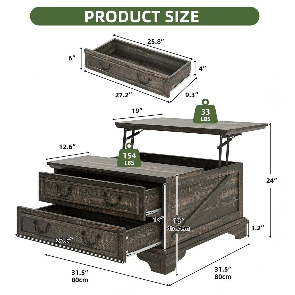 Farmhouse Square Lift-Top Coffee Table Large with Hidden Compartment