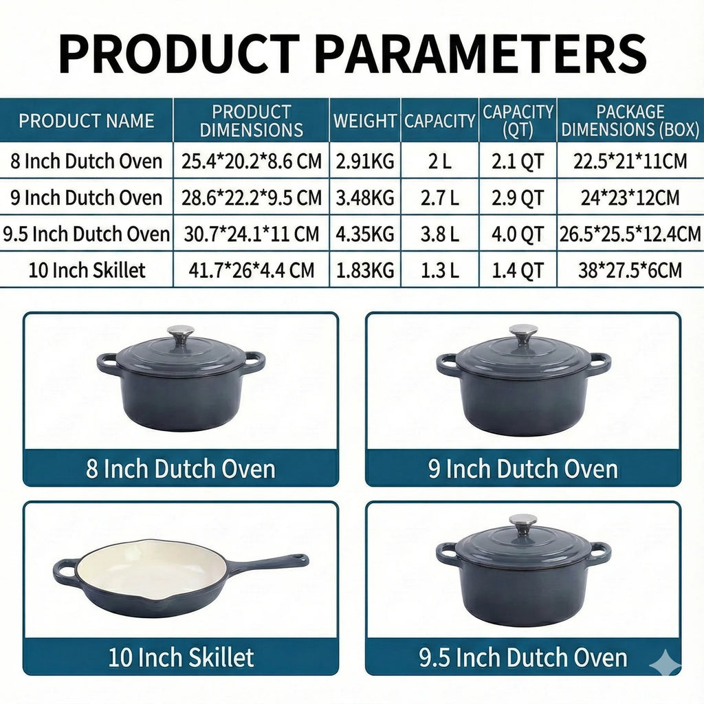 Enameled Cast Iron Cookware Set 4-Piece, 3 Round Dutch Ovens & 1 Skillet: 8 Inch (2Qt), 9 Inch (3Qt), 9.5 Inch (4Qt) & 10 Inch P