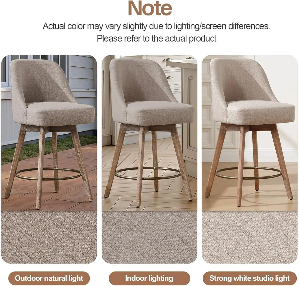 Modern Mid-Century Swivel Barstools with Backs and Wood Legs, Linen Fabric Upholstered Chairs
