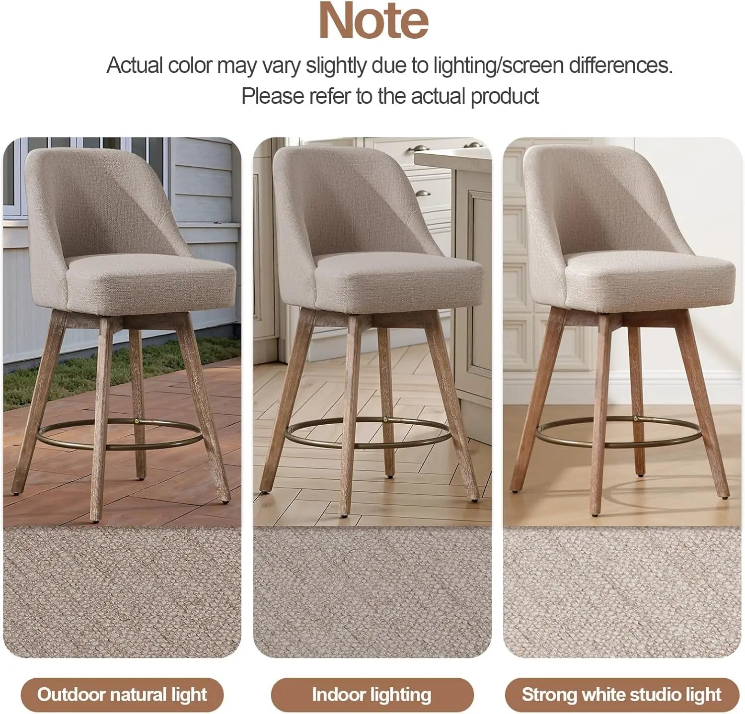 Modern Mid-Century Swivel Barstools with Backs and Wood Legs, Linen Fabric Upholstered Chairs