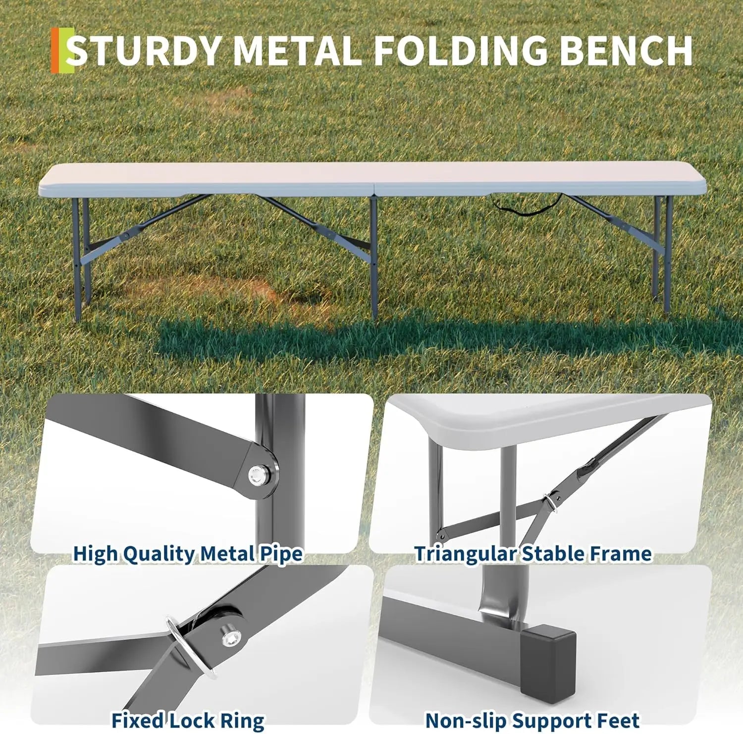 6Ft Plastic Folding Bench, 2 Pack HDPE Portable Folding Outdoor Benches w/Carrying Handle