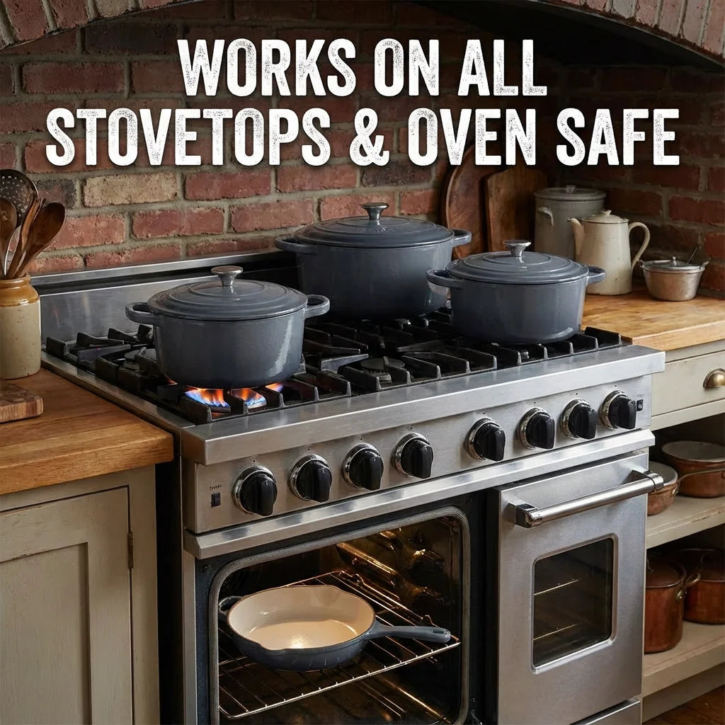 Enameled Cast Iron Cookware Set 4-Piece, 3 Round Dutch Ovens & 1 Skillet: 8 Inch (2Qt), 9 Inch (3Qt), 9.5 Inch (4Qt) & 10 Inch P