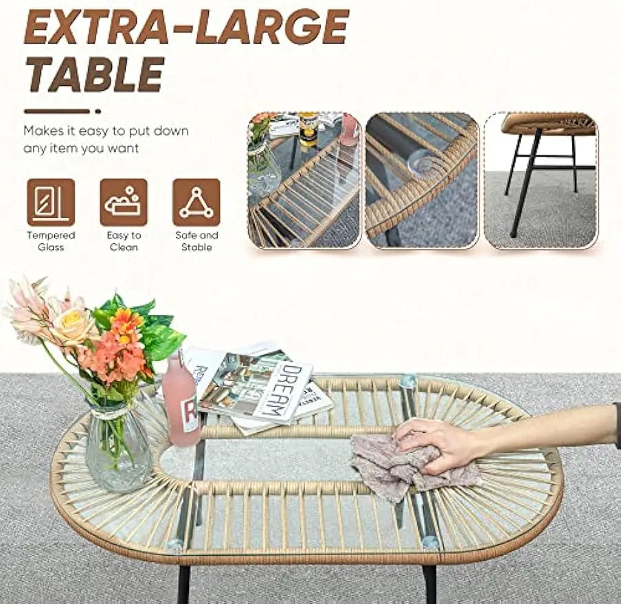 Outdoor L-Shaped Rope Sofa Set with Table & Cushions