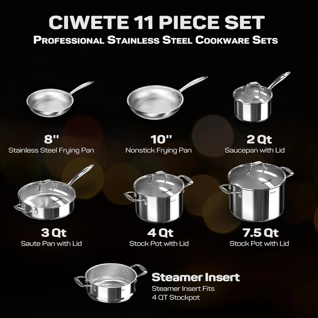 Tri-Ply Stainless Steel Pots and Pans Set 11-PC, Induction Cookware Set with Steamer Insert