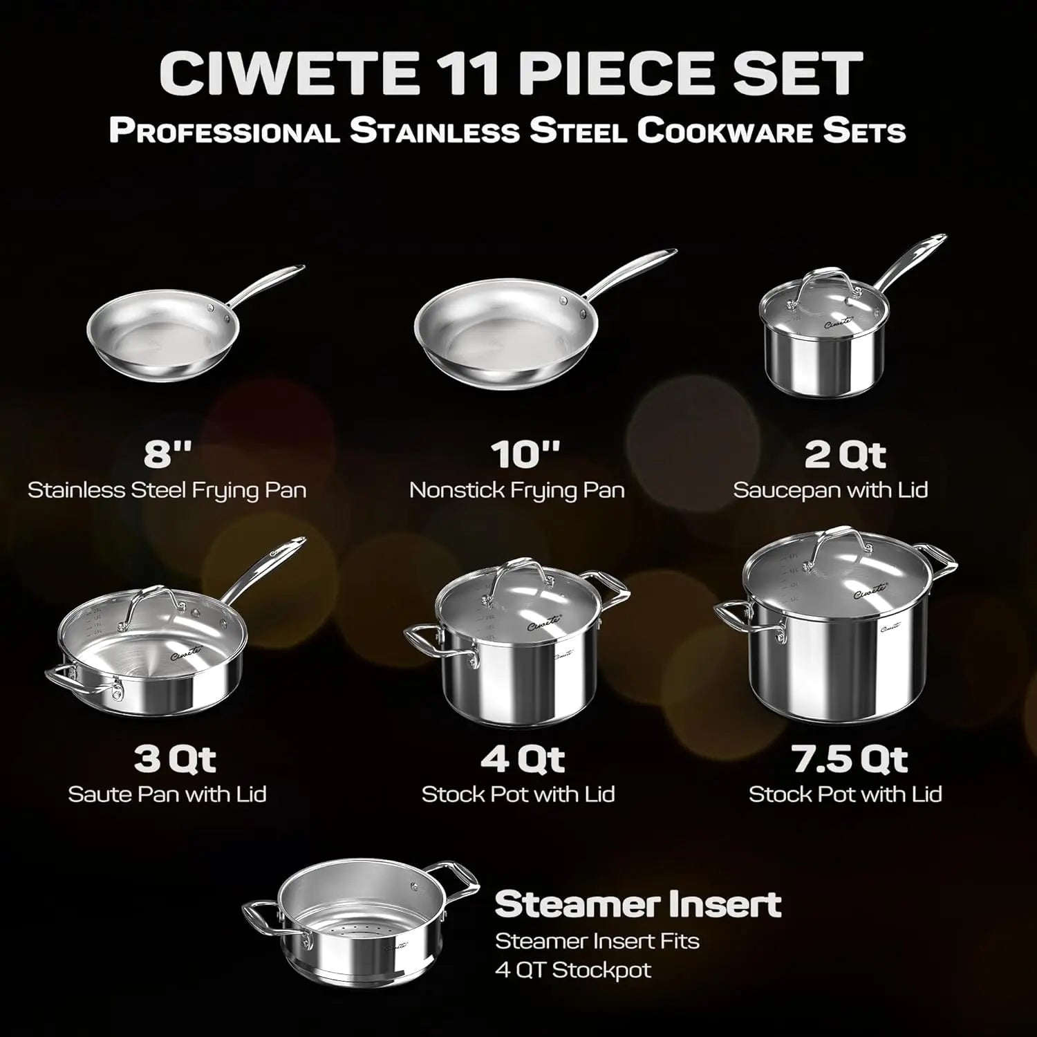 Tri-Ply Stainless Steel Pots and Pans Set 11-PC, Induction Cookware Set with Steamer Insert