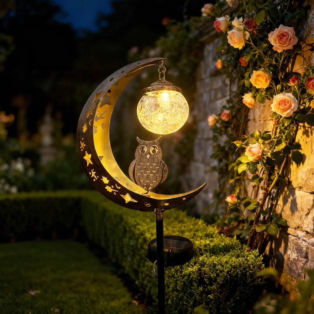 Solar-Powered Moon-Shaped Ground Light with Owl & Glass Ball