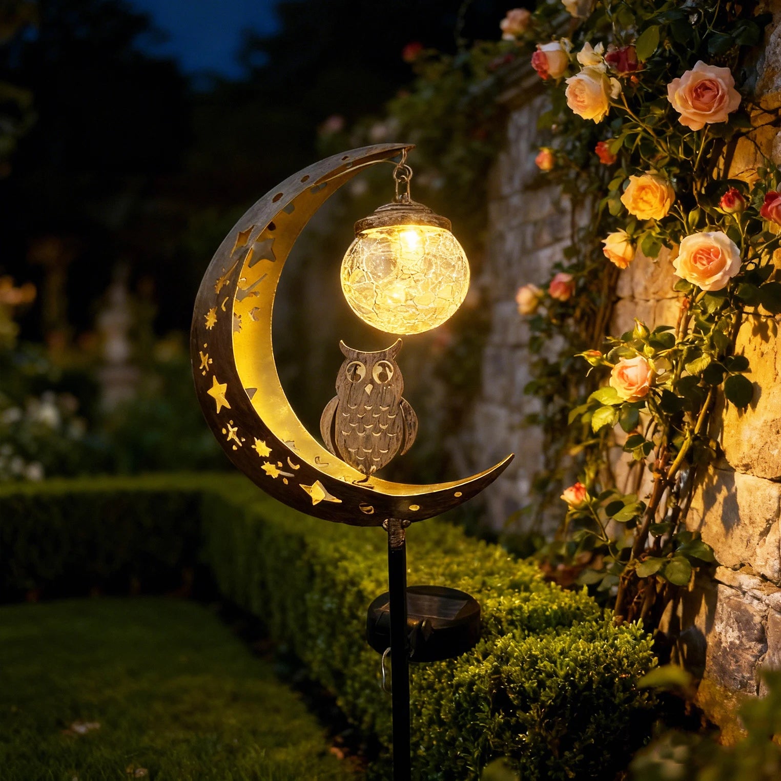 Solar-Powered Moon-Shaped Ground Light with Owl & Glass Ball
