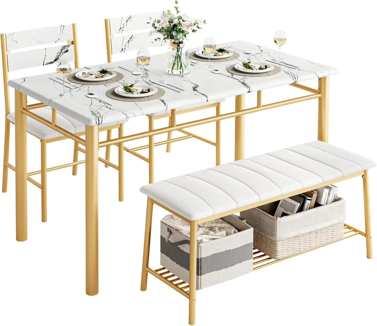 Dining Table Set for 4, Kitchen Table and Chairs and Bench Set for Small Space