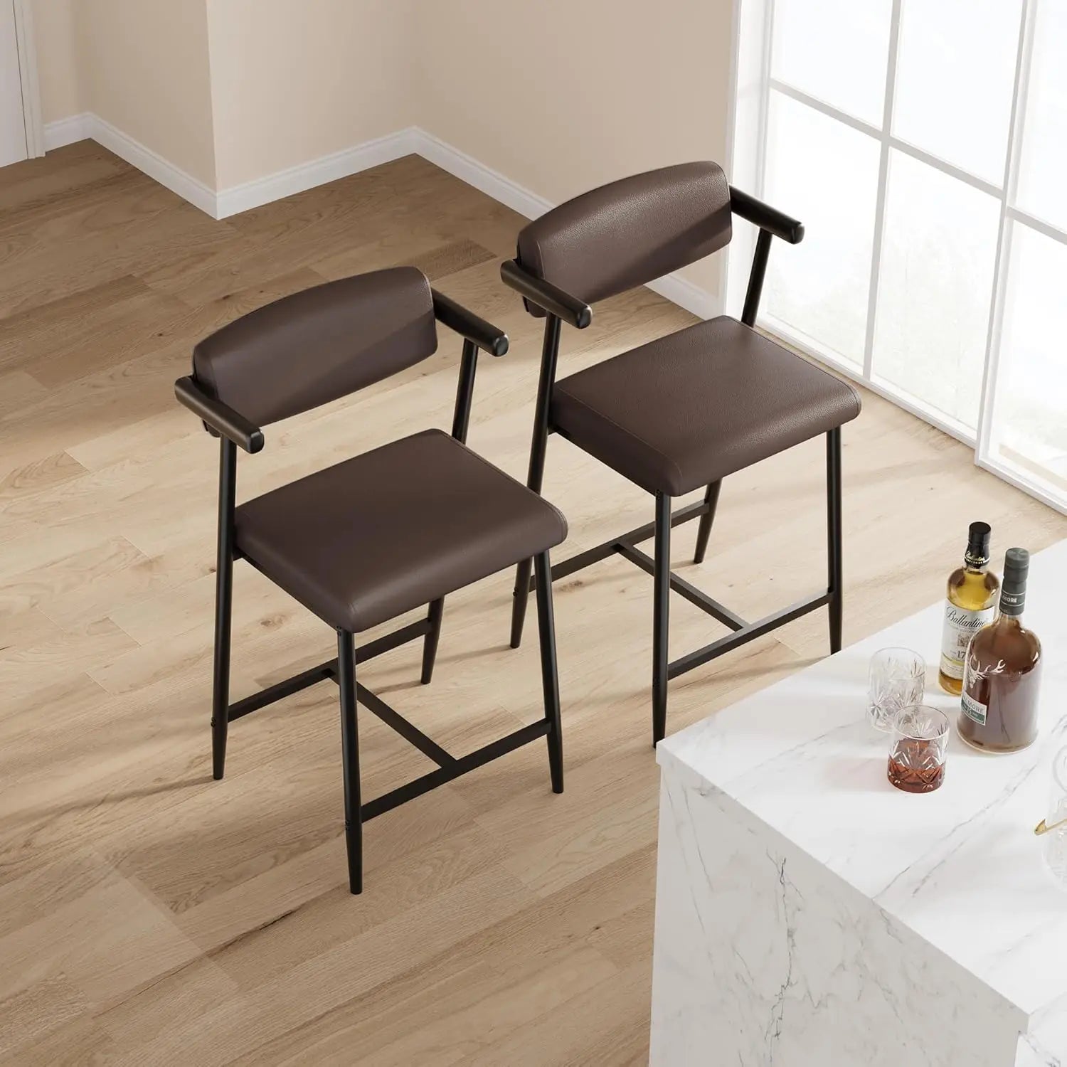 2Pcs Counter Height Bar Stools Comfortable Fully Upholstered Faux Leather Seat m