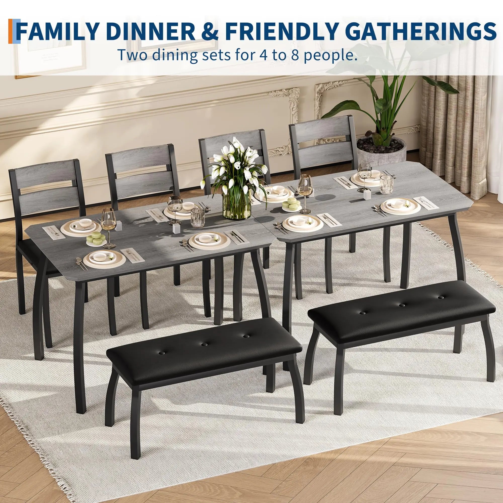 Dining Table Set for 4, Kitchen Table with Upholstered Bench and 2 Chairs, Set for Small Space