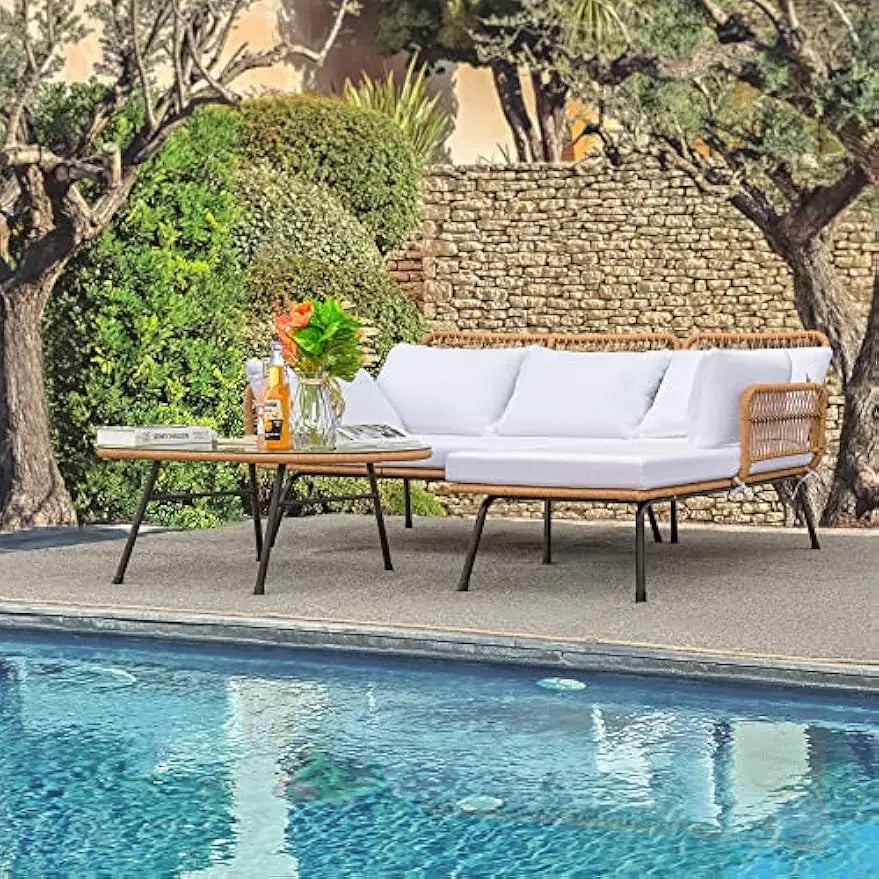Outdoor L-Shaped Rope Sofa Set with Table & Cushions