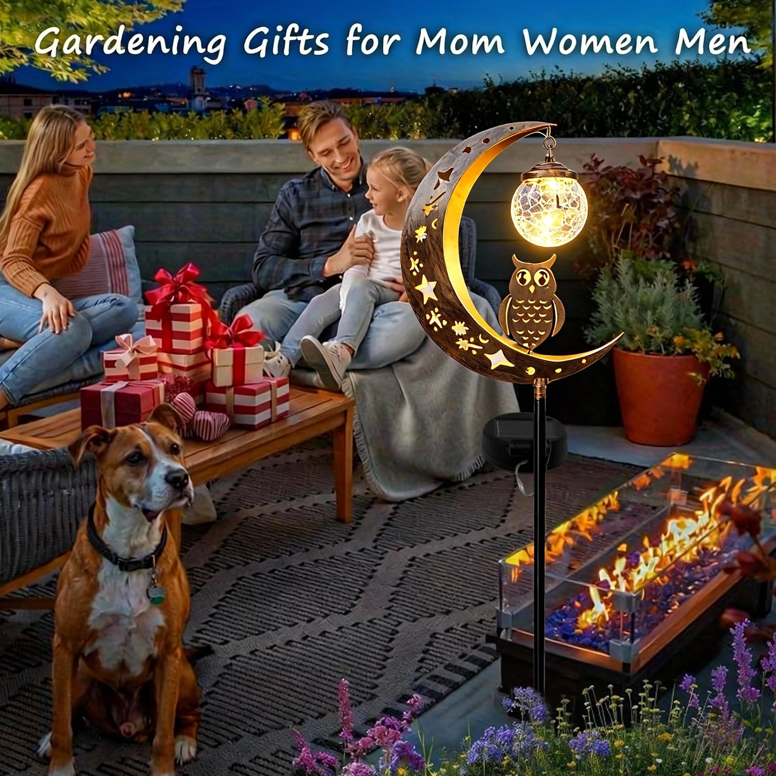 Solar-Powered Moon-Shaped Ground Light with Owl & Glass Ball