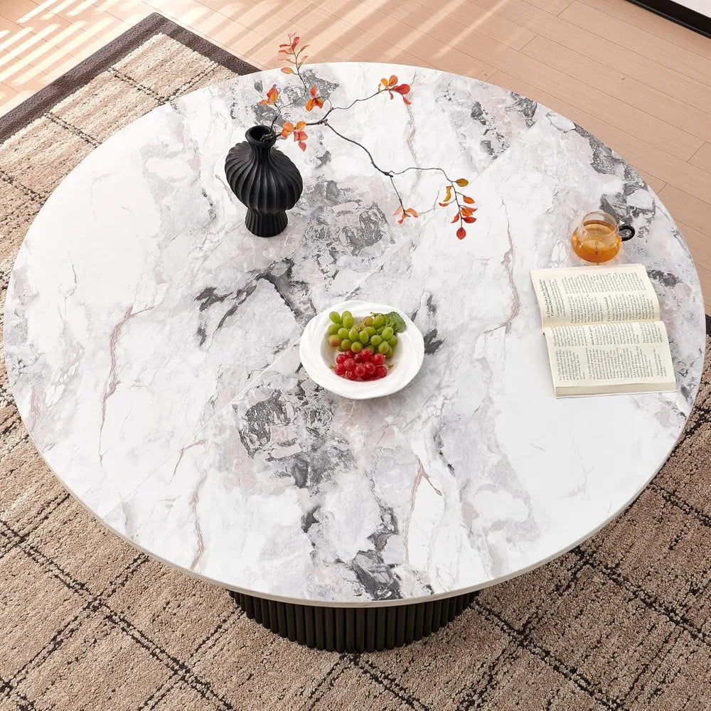 Modern Round Dining Table for 4-6, White Marble Top with Fluted Base