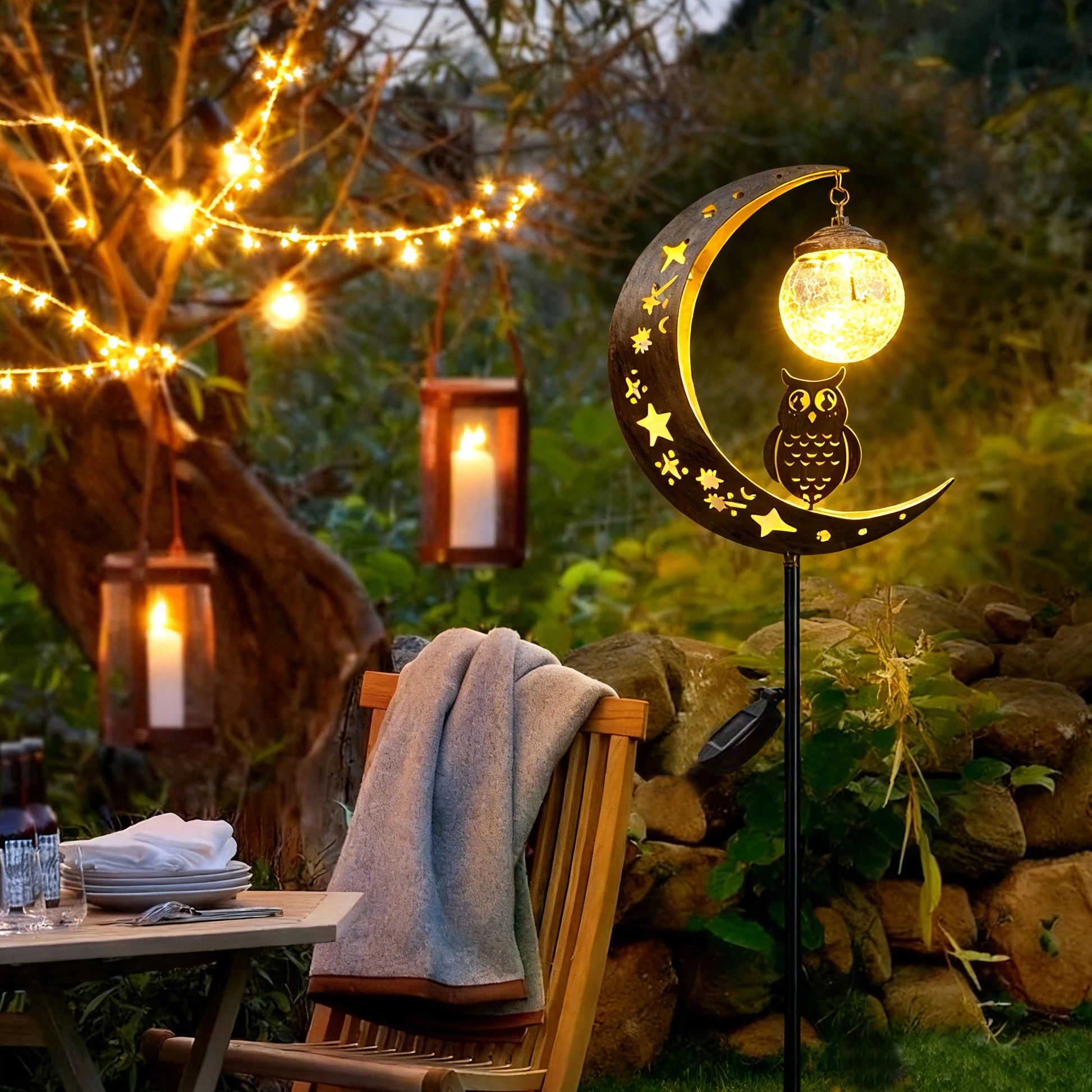 Solar-Powered Moon-Shaped Ground Light with Owl & Glass Ball