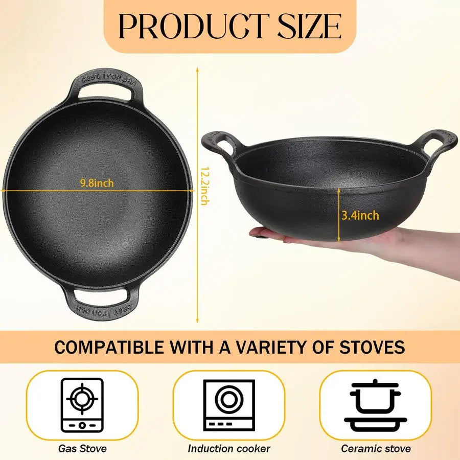 2 Sets Cast Iron Wok with Loop Handle 10 Inch Mini Wok