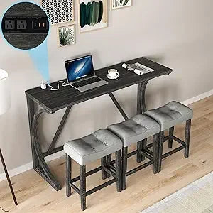 Farmhouse Counter Height Dining Set - Bar Table and Chairs, with Power Outlet and 3 Upholstered Stools