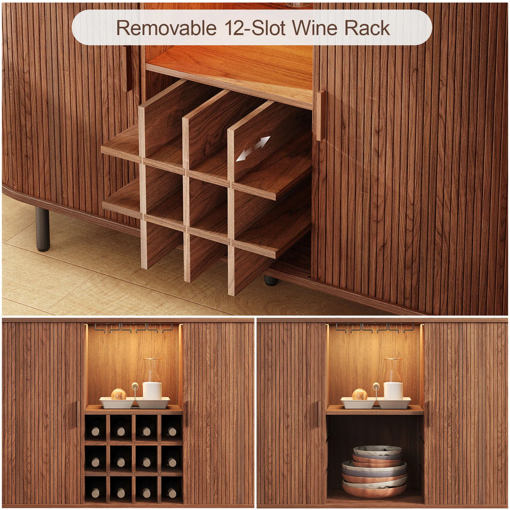 Wine Bar Cabinet w/ LED Light, Liquor Cabinet ,Coffee Bar Cabinet w/ Wine Rack & Glass Holder, Walnut Buffet Sideboard