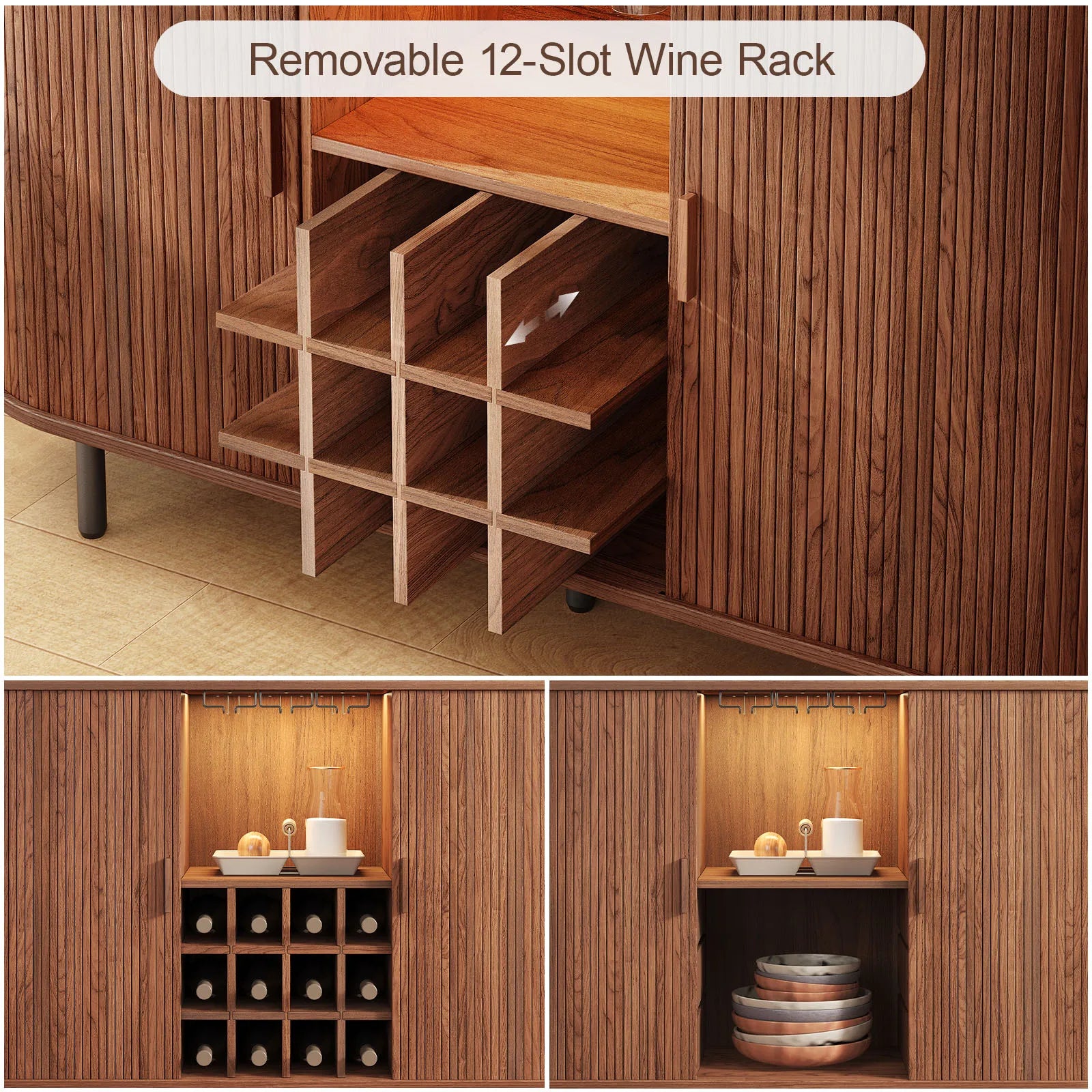 Wine Bar Cabinet w/ LED Light, Liquor Cabinet ,Coffee Bar Cabinet w/ Wine Rack & Glass Holder, Walnut Buffet Sideboard