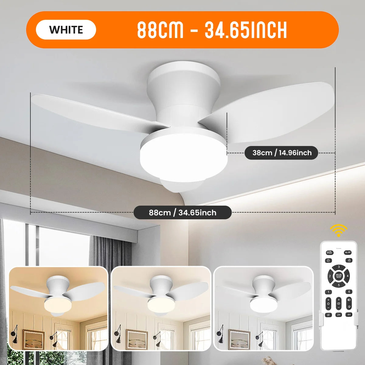 Three Leaf Ceiling Fan with Light & Remote Control, 6 Speed, Reversible Noiseless, Dimmable LED
