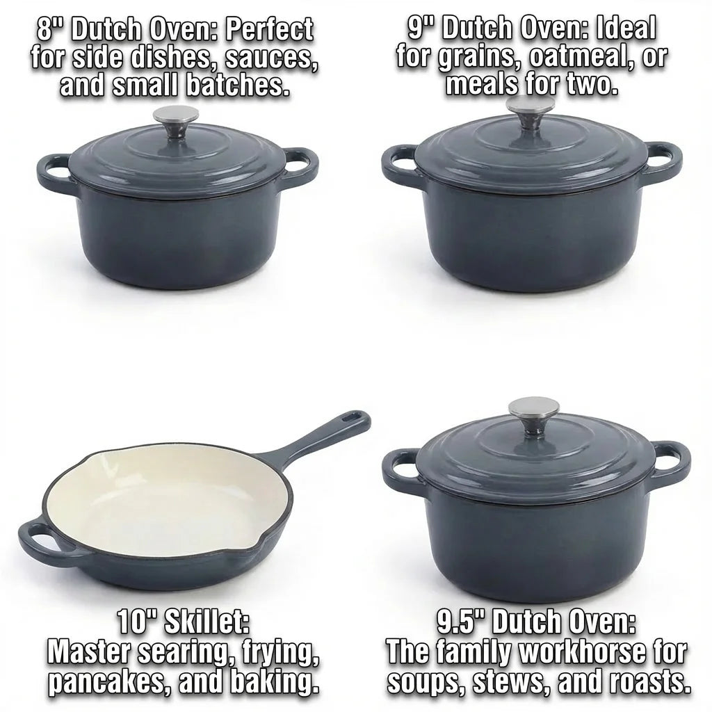 Enameled Cast Iron Cookware Set 4-Piece, 3 Round Dutch Ovens & 1 Skillet: 8 Inch (2Qt), 9 Inch (3Qt), 9.5 Inch (4Qt) & 10 Inch P