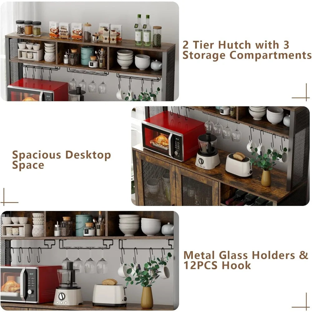 Wine Bar Cabinet with LED Light, Industrial Coffee Bar with Wine Rack & Glass Holder