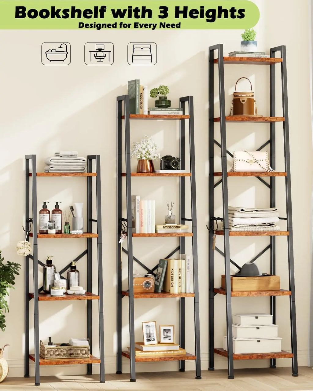 5 Tier Ladder Shelf Bookcase, Rustic Brown Metal Wood Display