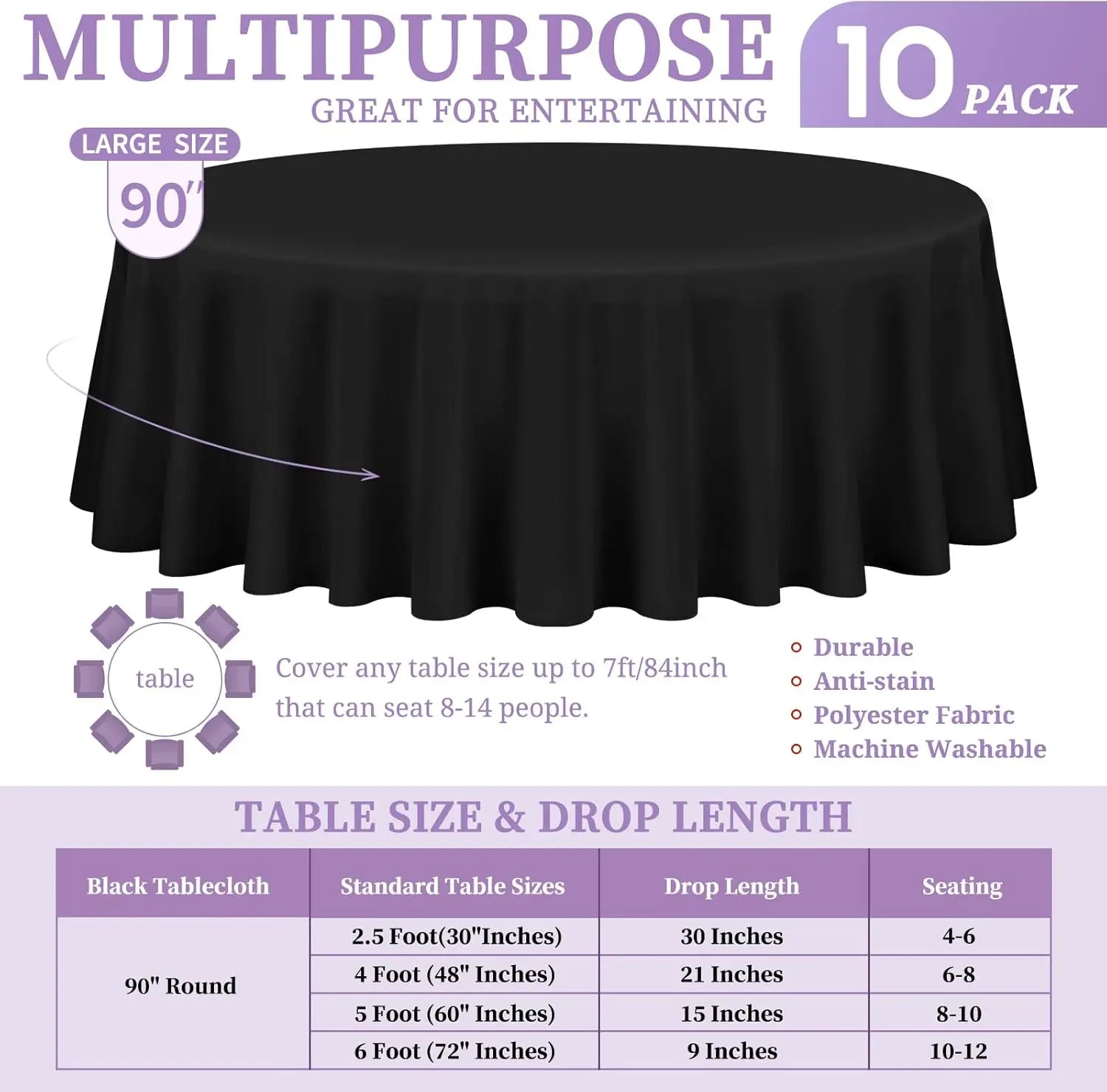 10 Pack Black Round Tablecloth 90 Inch Washable Polyester Tablecloths