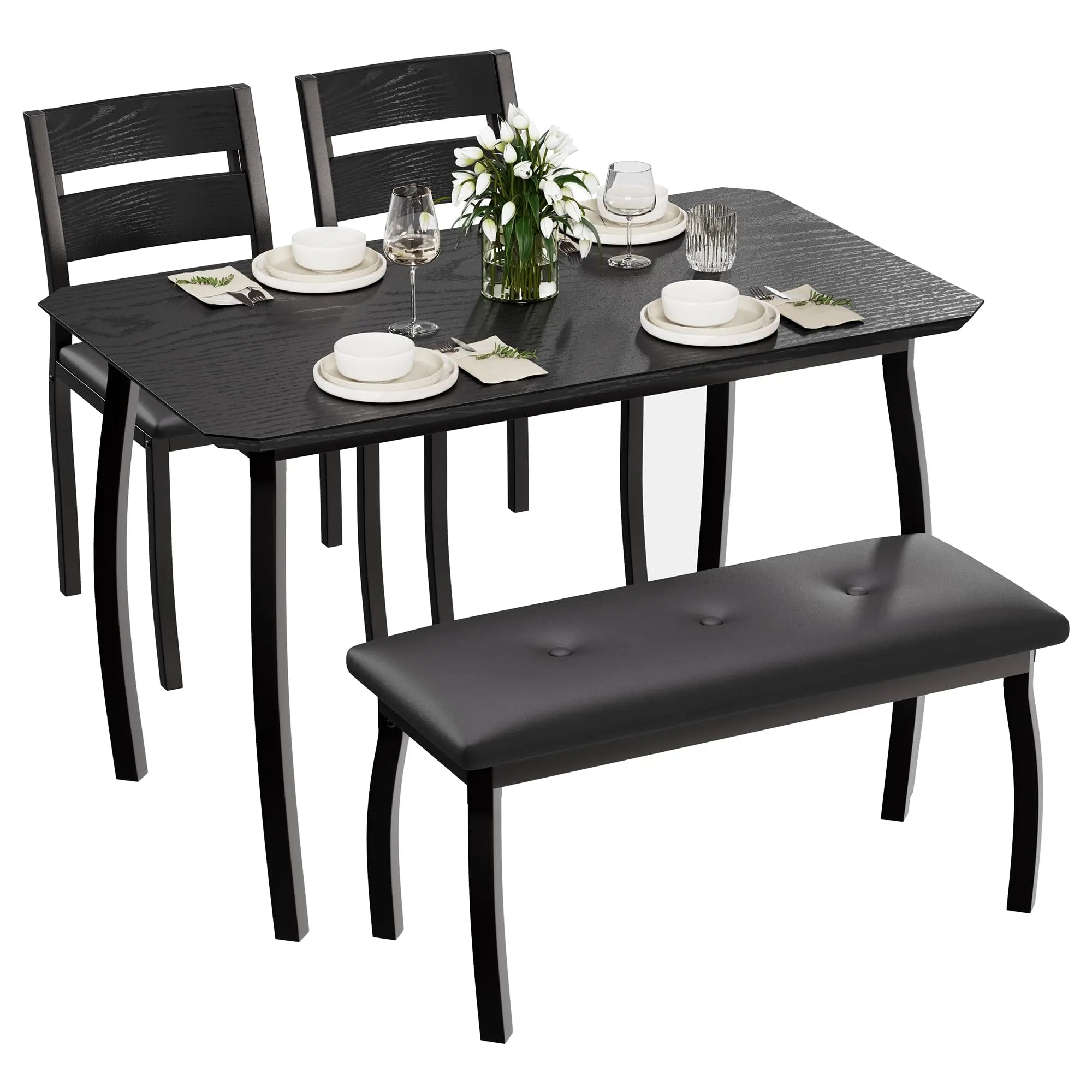 Dining Table Set for 4, Kitchen Table with Upholstered Bench and 2 Chairs, Set for Small Space
