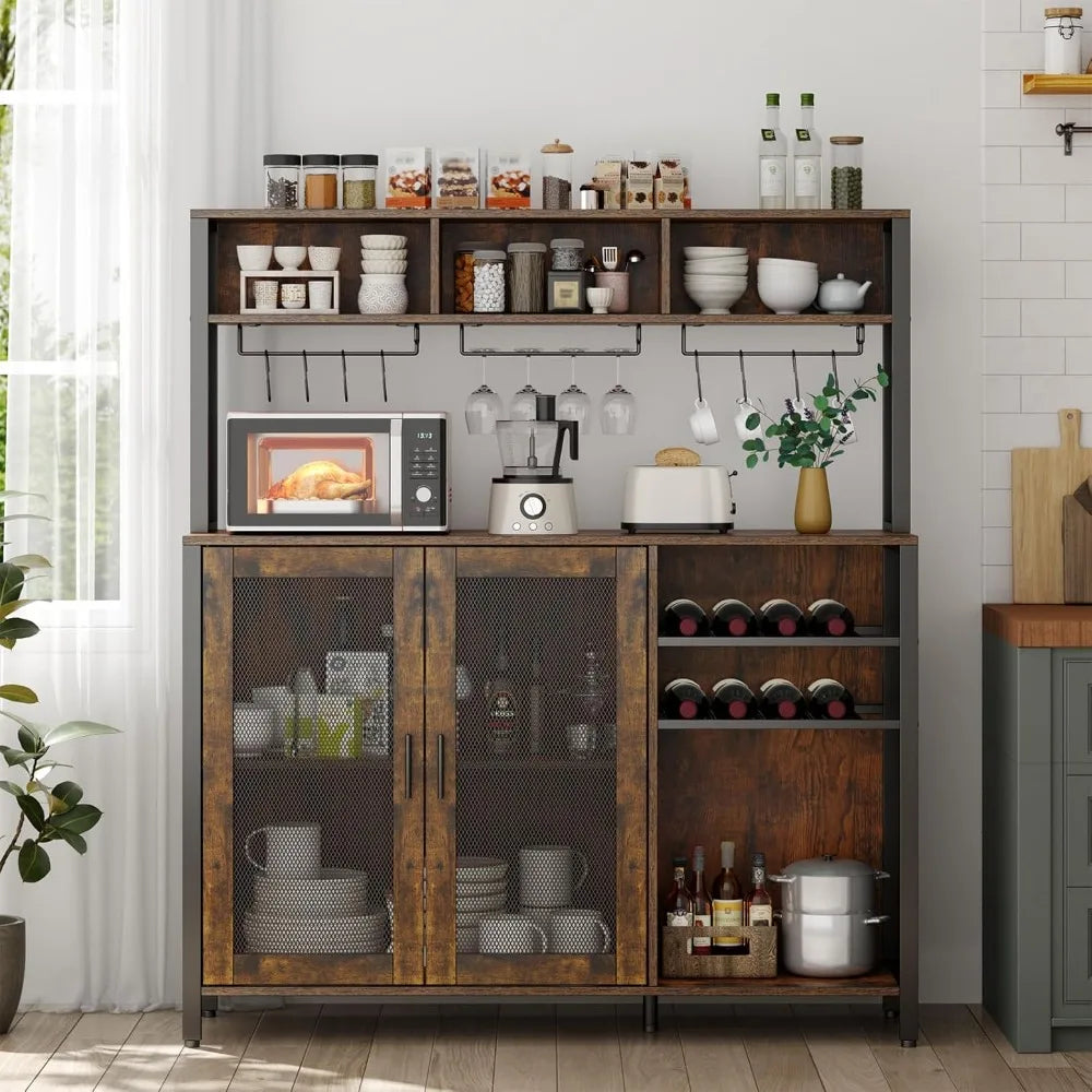 Wine Bar Cabinet with LED Light, Industrial Coffee Bar with Wine Rack & Glass Holder