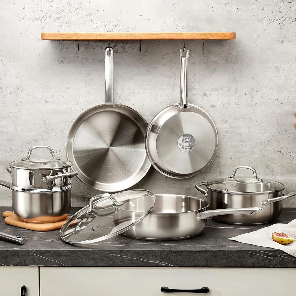 Stainless Steel Cookware Set 10pcs, Compatible With All Stoves