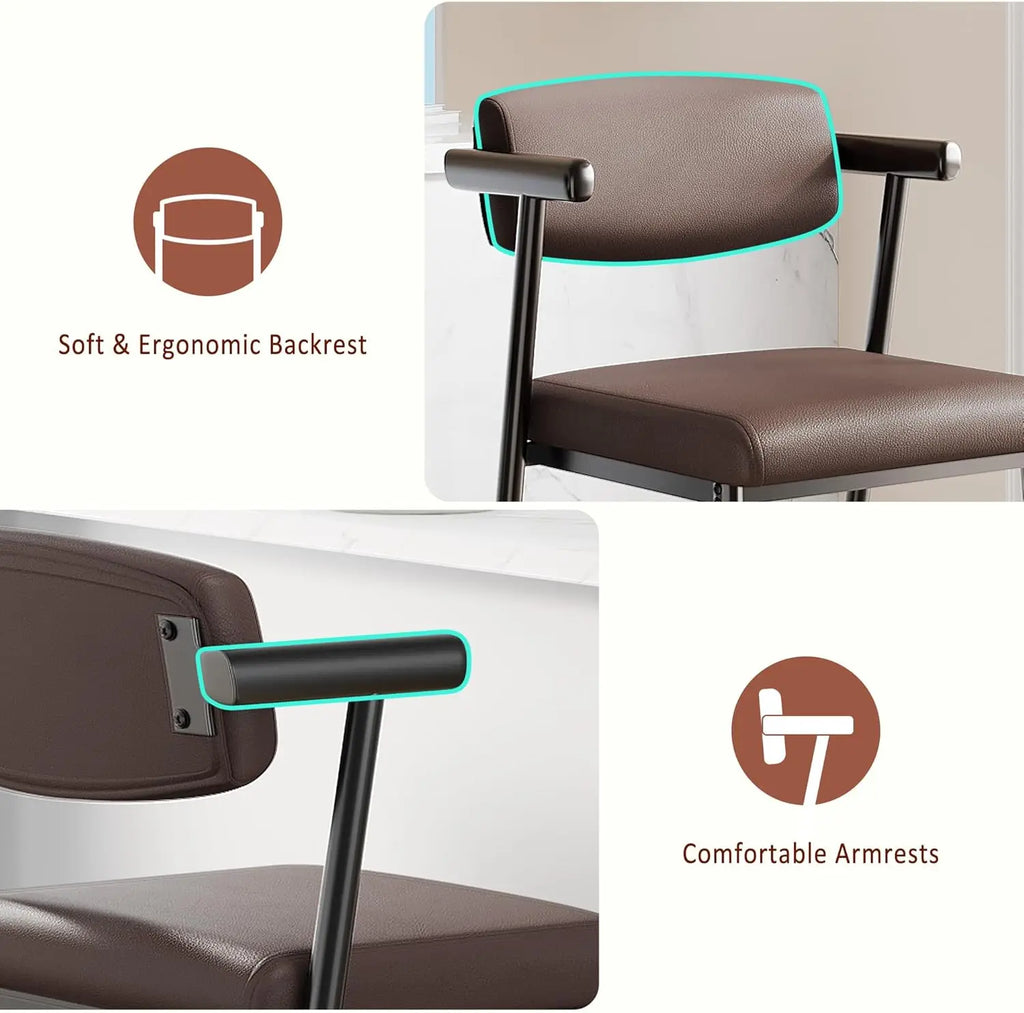 2Pcs Counter Height Bar Stools Comfortable Fully Upholstered Faux Leather Seat m