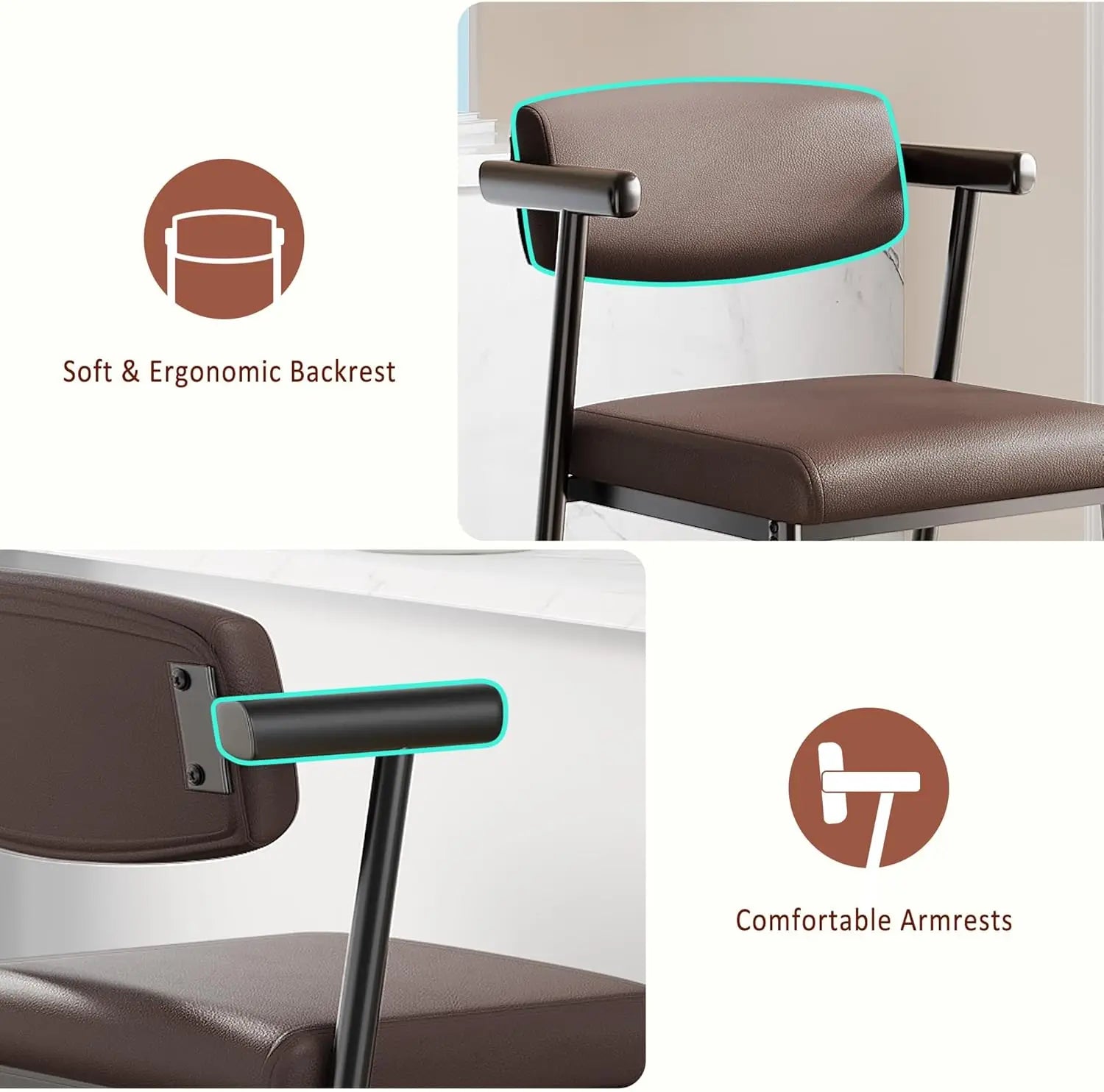 2Pcs Counter Height Bar Stools Comfortable Fully Upholstered Faux Leather Seat m