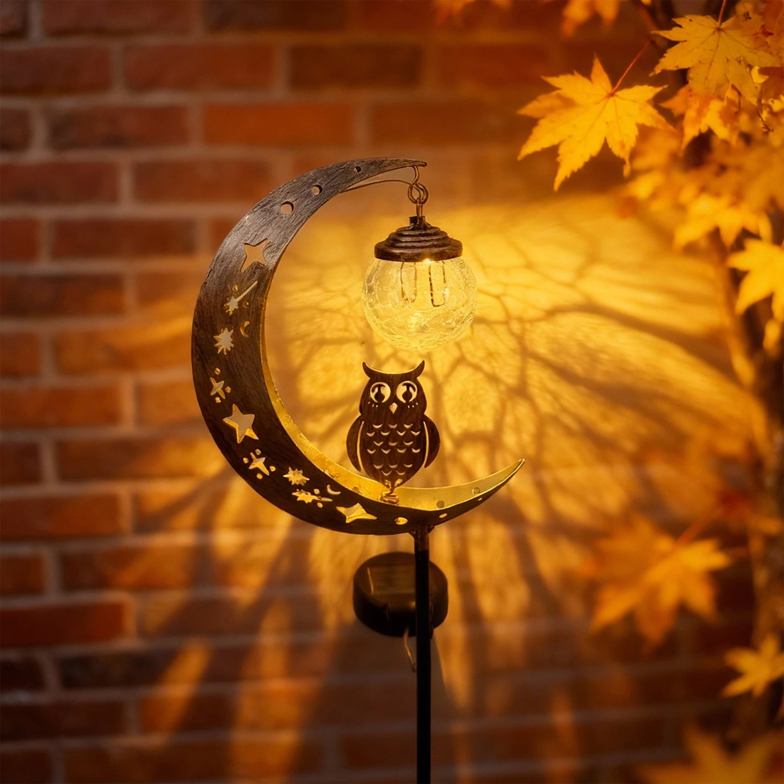 Solar-Powered Moon-Shaped Ground Light with Owl & Glass Ball