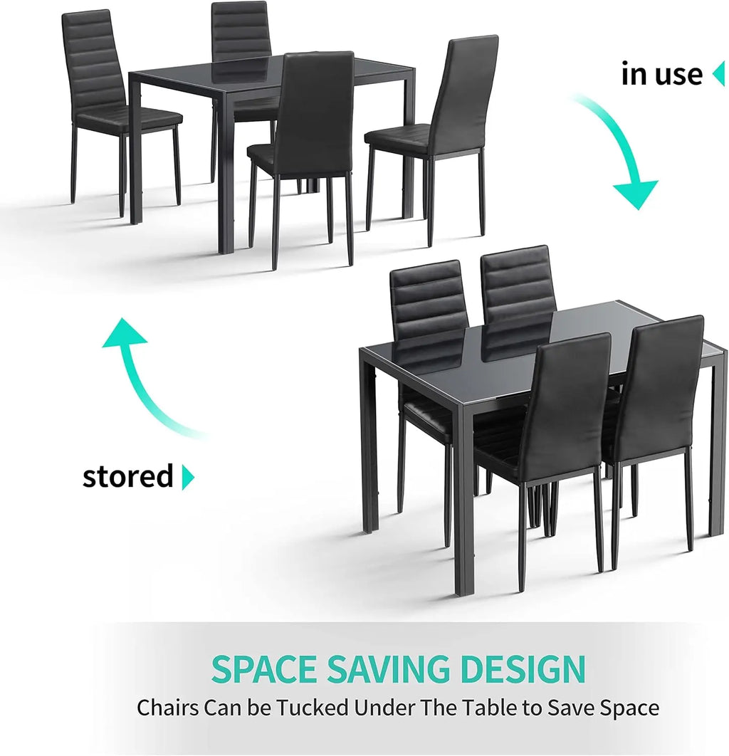 5 Piece Glass Dining Table Set, Kitchen and Chairs for 4
