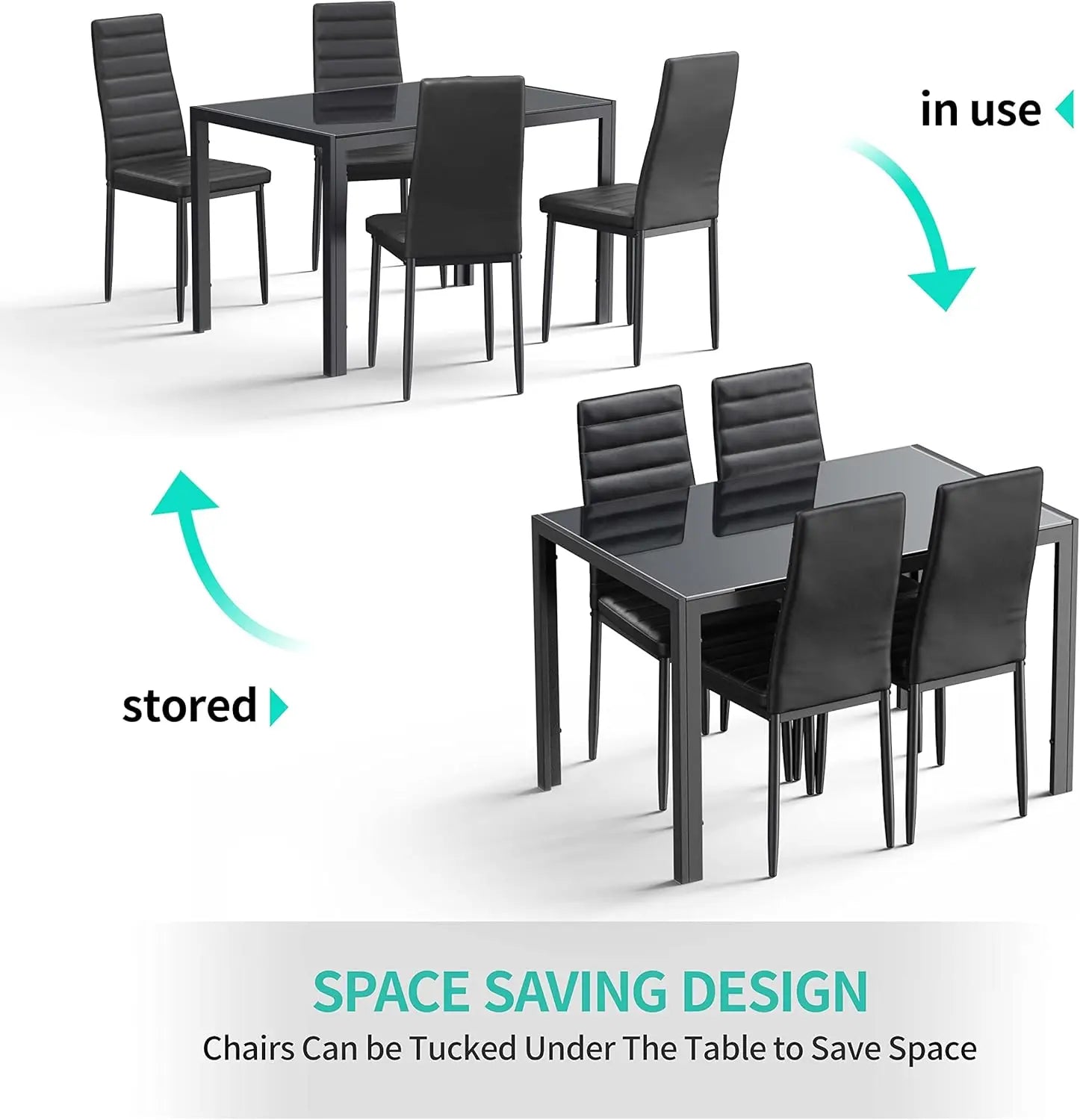 5 Piece Glass Dining Table Set, Kitchen and Chairs for 4