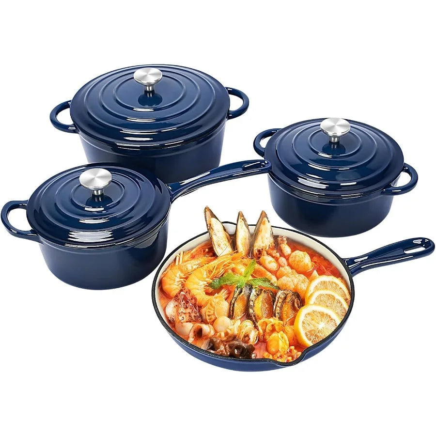 Nonstick Enameled Cast Iron Cookware Set 7Pcs Pots and Pans with Lid Healthy Round Dutch Oven
