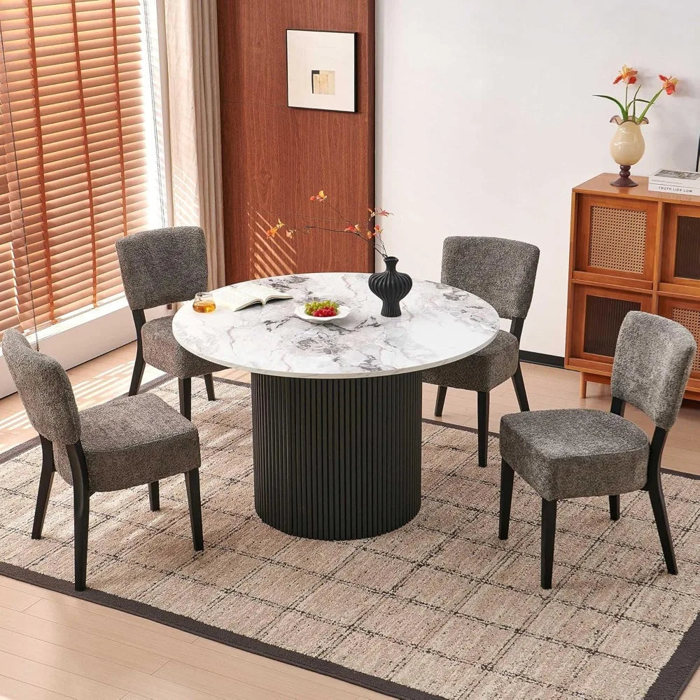 Modern Round Dining Table for 4-6, White Marble Top with Fluted Base
