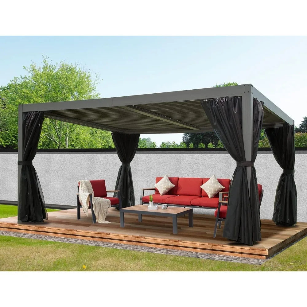 12' × 16' Louvered Pergola with Adjustable Roof, Curtains and Netting