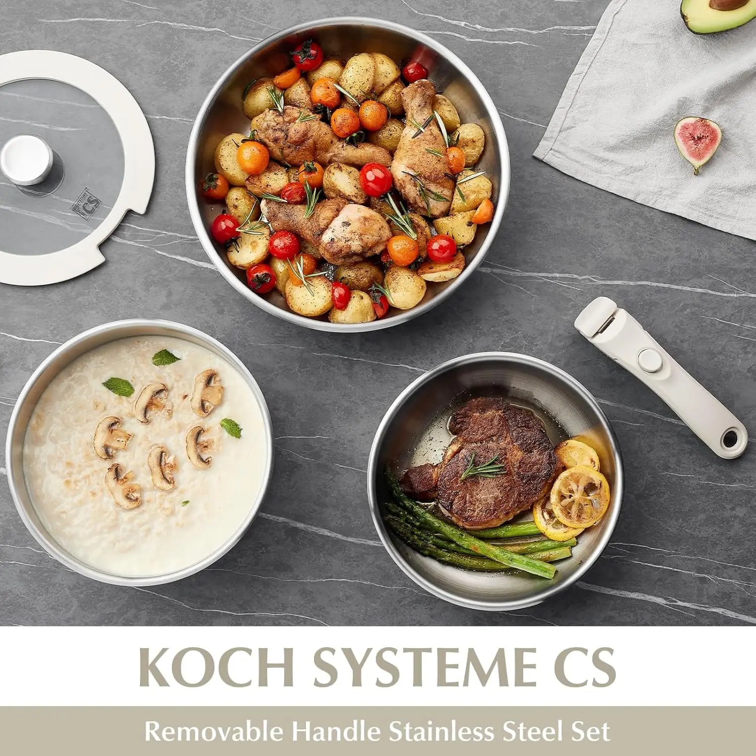 Stainless Steel Pots and Pans Set, 7 Piece Stainless Steel Cookware Set with Detachable Handle