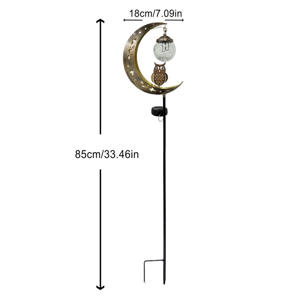 Solar-Powered Moon-Shaped Ground Light with Owl & Glass Ball