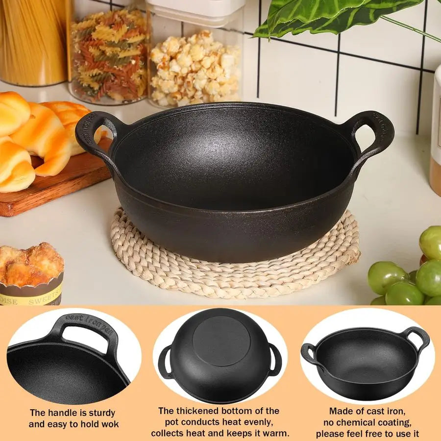 2 Sets Cast Iron Wok with Loop Handle 10 Inch Mini Wok