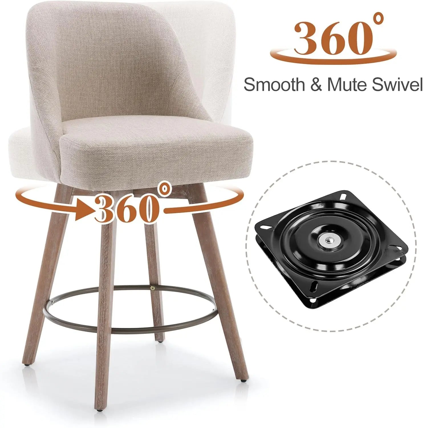 Modern Mid-Century Swivel Barstools with Backs and Wood Legs, Linen Fabric Upholstered Chairs