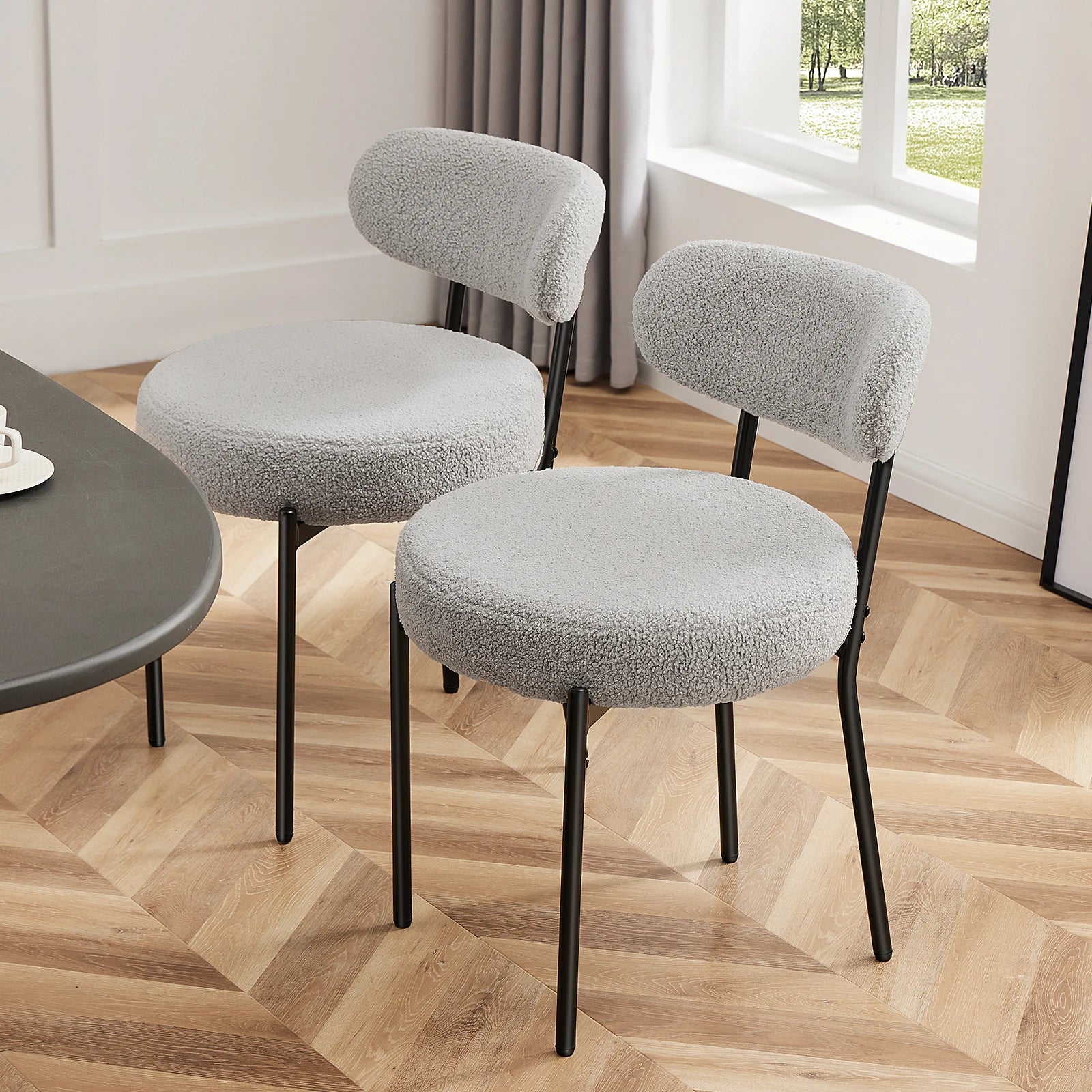 Round Dining Chairs Set of 2 Plush Fabric Kitchen Chairs with Curved Backrest Metal Legs