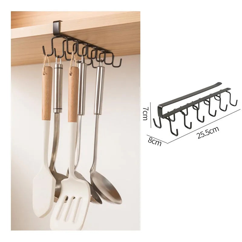 Cabinet Storage Rack Multifunctional Wardrobe Organizing Rack 6/12 Hooks Kitchen Cup Holder No Punching Storage Rack Organizer