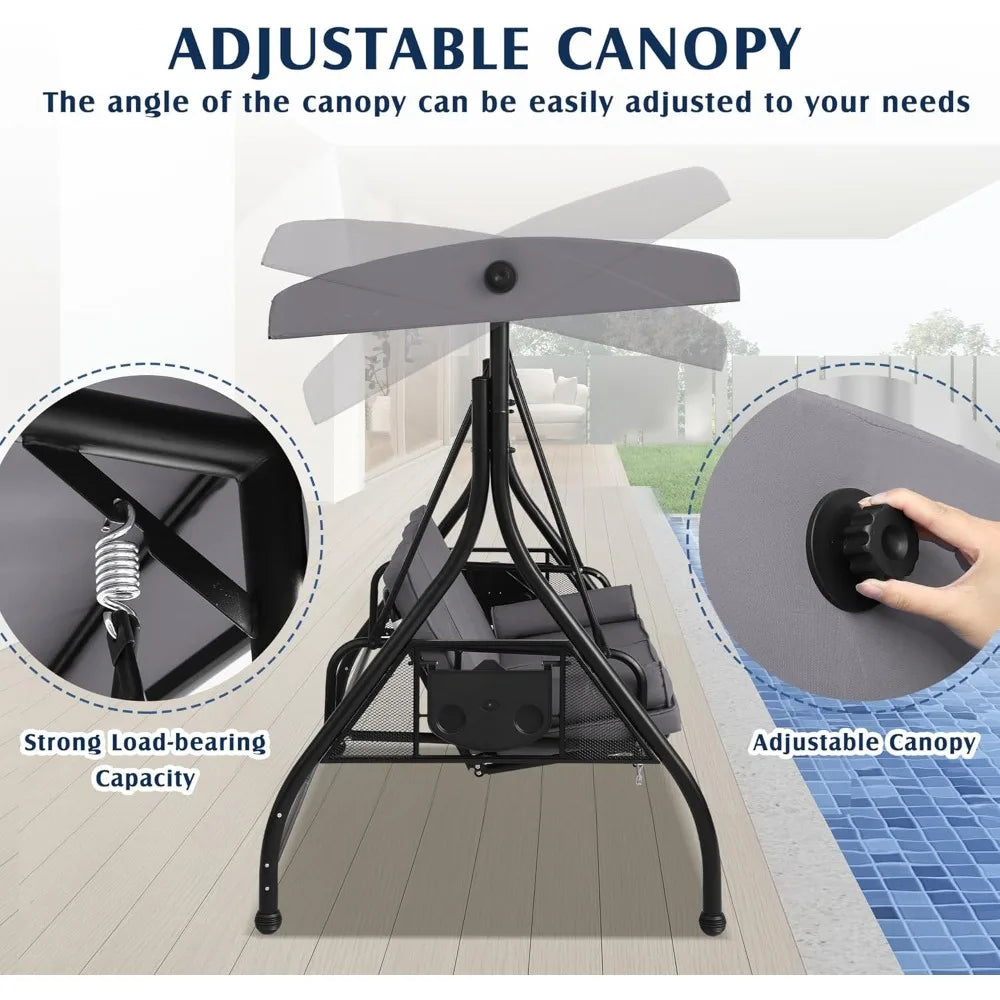 3 Person Outdoor Porch Swing with Canopy and Stand