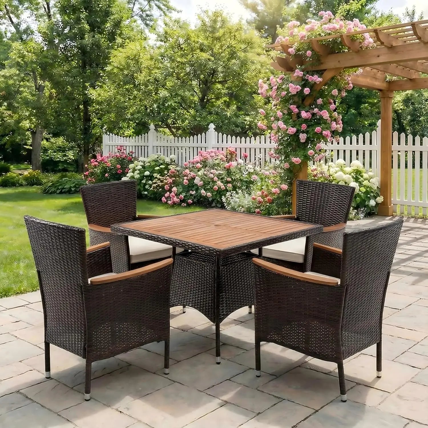 5 Pcs Outdoor Patio Table and Chairs with Acacia Wood Tabletop