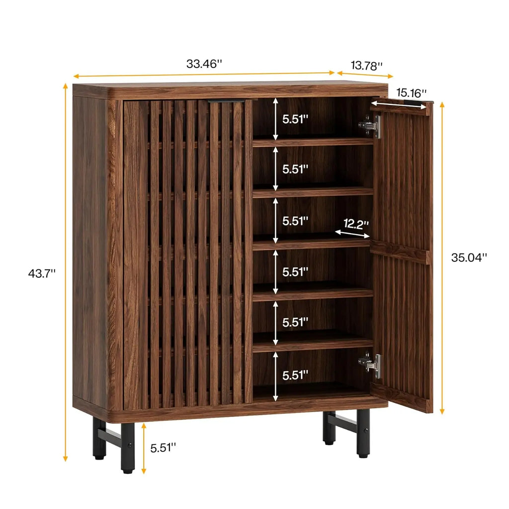 6-Tier Bathroom Floor Cabinet with 2 Shutter Doors, Wooden Bathroom Storage Cabinet with Adjustable Shelves