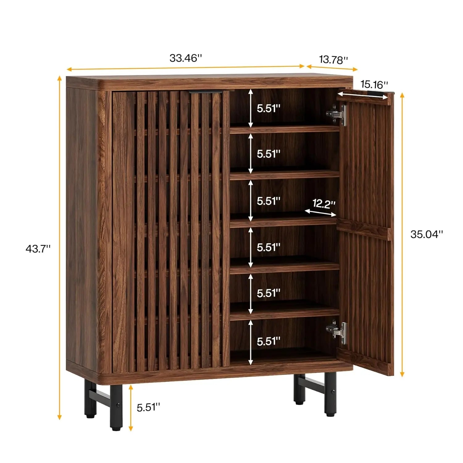 6-Tier Bathroom Floor Cabinet with 2 Shutter Doors, Wooden Bathroom Storage Cabinet with Adjustable Shelves